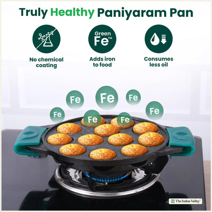 12 Pit/Cup CASTrong Cast Iron Paniyaram/Appe Pan, Pre-seasoned, with Double Handle Silicone Grip,Toxin-free, 20.8 cm, 2.2 kg