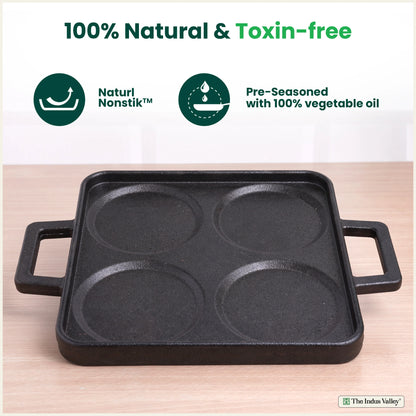 CASTrong Cast Iron Uttapam/ Set Dosa Tawa, 4 Pit,Pre-seasoned, Toxin-free, 24cm