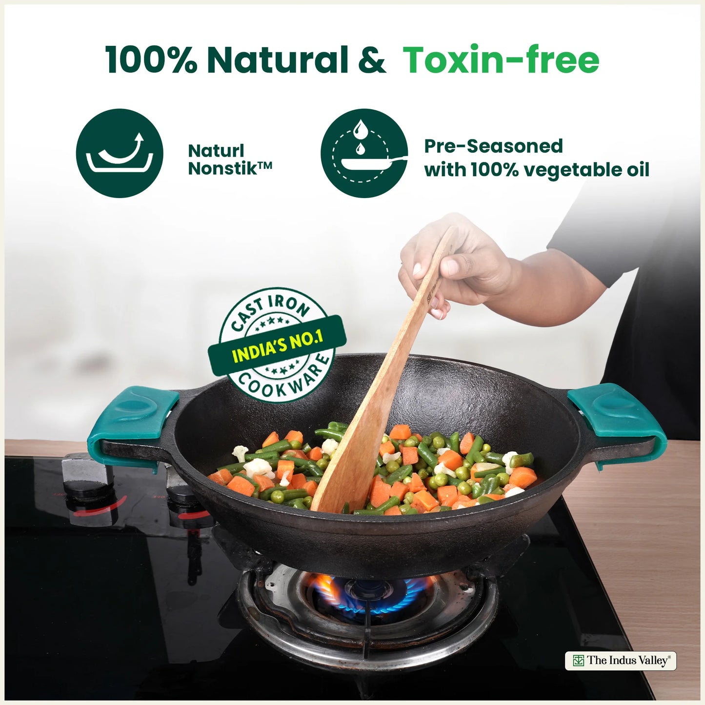 CASTrong Cast Iron Kadai, Flat Handle,Pre-seasoned, Nonstick, Premium Quality, Toxin-free, 2.5 L/2.4 Kg/10 In