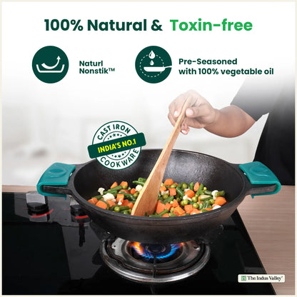 CASTrong Cast Iron Kadai, Flat Handle,Pre-seasoned, Nonstick, Premium Quality, Toxin-free, 2.5 L/2.4 Kg/10 In