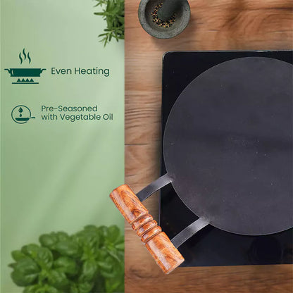 100% Pure Round Iron Tawa With Wooden Handle, Toxin-free Sheet Iron, Pre-Seasoned, Induction & Gas, 11/12 In, 2.74/3.22 Kg