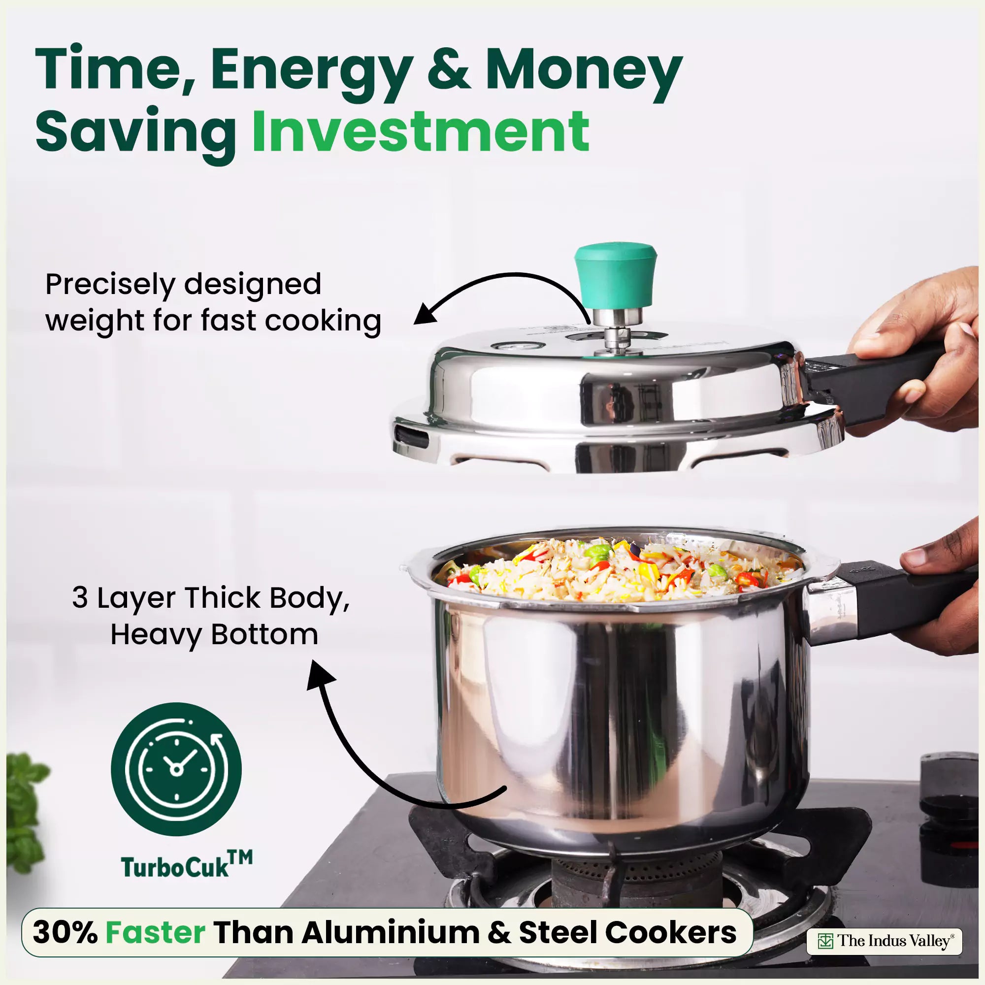 3L+5L RapidCuk Tri-ply Stainless Steel Pressure Cooker Combo, Premium Quality, 3 Layer Thick Body, Heavy Bottom, 5Yr Warranty, ISI Certified, Induction & Gas, Free ₹600 Wood Chopping Board