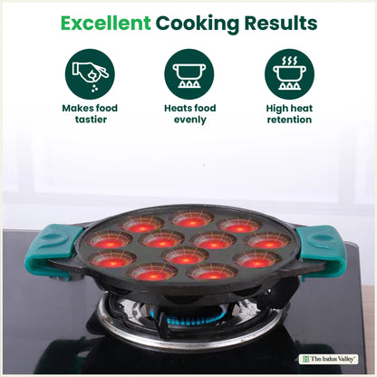 12 Pit/Cup CASTrong Cast Iron Paniyaram/Appe Pan, Pre-seasoned, with Double Handle Silicone Grip,Toxin-free, 20.8 cm, 2.2 kg