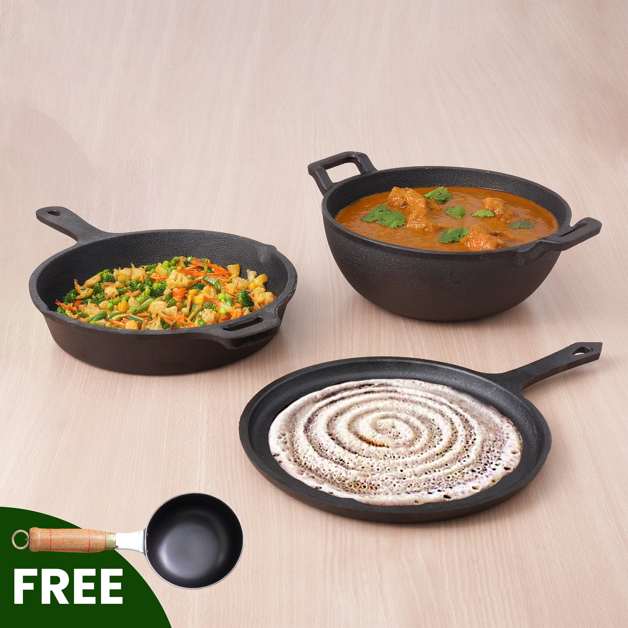 CASTrong Cast Iron Cookware Set: Free ₹400 Tadka Pan+ Tawa+ Kadai+ Frypan, Kitchen Set for Home, Pre-seasoned, 100% Pure, Induction