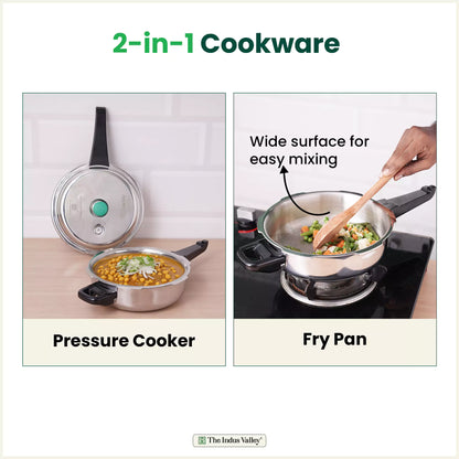 RapidCuk Tri-ply Stainless Steel 2-in-1 Pressure Cooker+ Frypan, Wide Shape, Premium Quality, 3 Layer Thick Body, Heavy Bottom, 100% Safe, ISI Certified, 5Yr Warranty, Induction & Gas, 2/3L