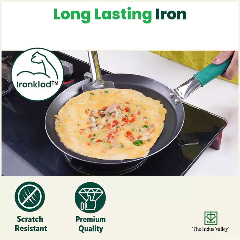 100% Pure Iron Cookware Set: Tawa 26 cm + Fry Pan 25 cm + Kadai 25 cm, Toxin-free Sheet Iron, Pre-seasoned, Kitchen Set for Home