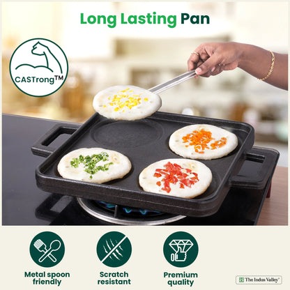 CASTrong Cast Iron Uttapam/ Set Dosa Tawa, 4 Pit,Pre-seasoned, Toxin-free, 24cm