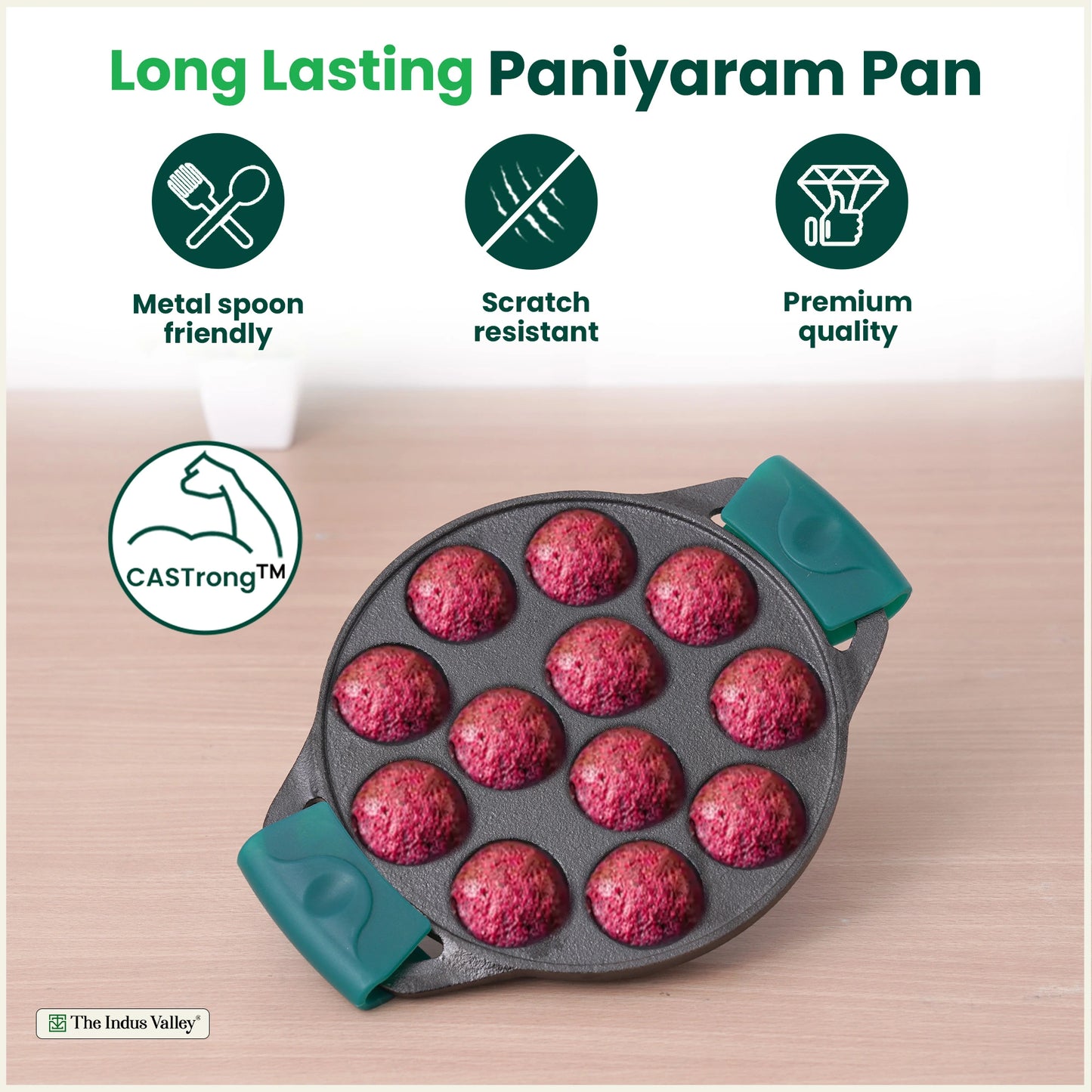 12 Pit/Cup CASTrong Cast Iron Paniyaram/Appe Pan, Pre-seasoned, with Double Handle Silicone Grip,Toxin-free, 20.8 cm, 2.2 kg