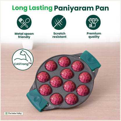 12 Pit/Cup CASTrong Cast Iron Paniyaram/Appe Pan, Pre-seasoned, with Double Handle Silicone Grip,Toxin-free, 20.8 cm, 2.2 kg