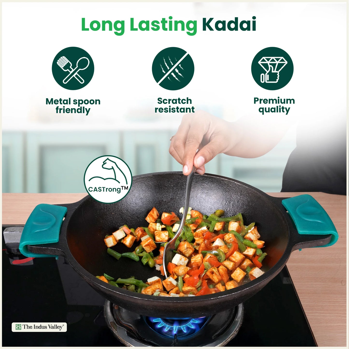 CASTrong Cast Iron Kadai, Flat Handle,Pre-seasoned, Nonstick, Premium Quality, Toxin-free, 2.5 L/2.4 Kg/10 In