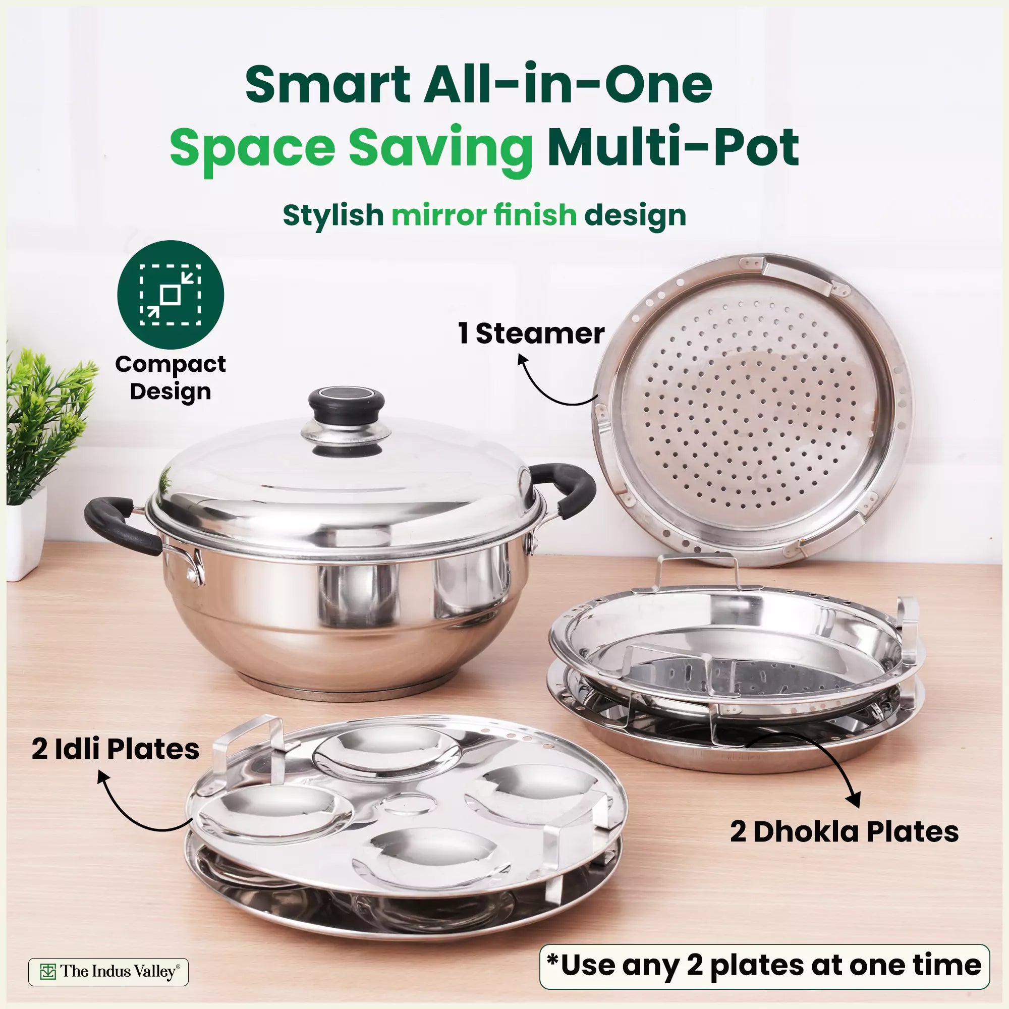 4 Pit Tri-Steel Premium Stainless Steel Idli/ Dhokla/ Momo Maker/ Multi Pot/ Veg Steaming Set, Tri-ply Induction Bottom, 5 Plates, 3L