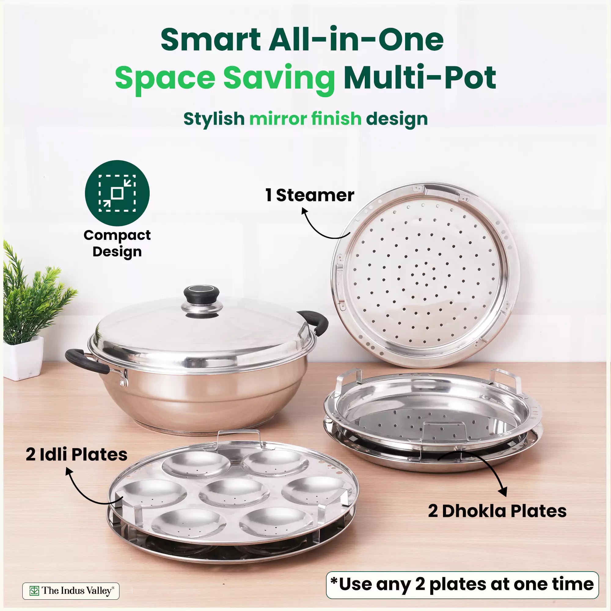 7 Pit Tri-Steel Premium Stainless Steel Idli/ Dhokla/ Momo Maker/ Multi Pot/ Veg Steaming Set, Tri-ply Induction Bottom, 5 Plates, 4.2L, 2.5kg