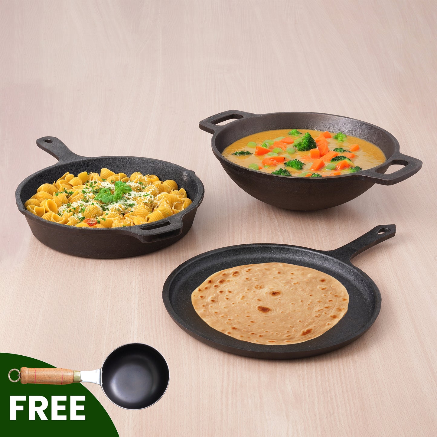 CASTrong Cast Iron Cookware Set: Tawa + Fry Pan + Wok Kadai With Free Tadka Pan, Kitchen set for Home, Pre-seasoned,100% Pure Cast Iron Cookware,Toxin-free Pots and Pans