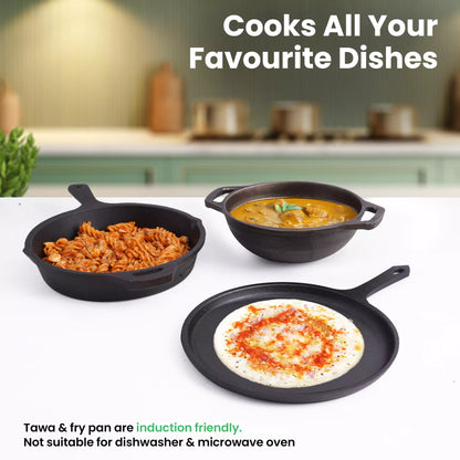 CASTrong Cast Iron Cookware Set: Tawa + Fry Pan + Wok Kadai, Kitchen set for Home, Pre-seasoned,100% Pure Cast Iron Cookware,Toxin-free Pots and Pans, Free Tadka Pan