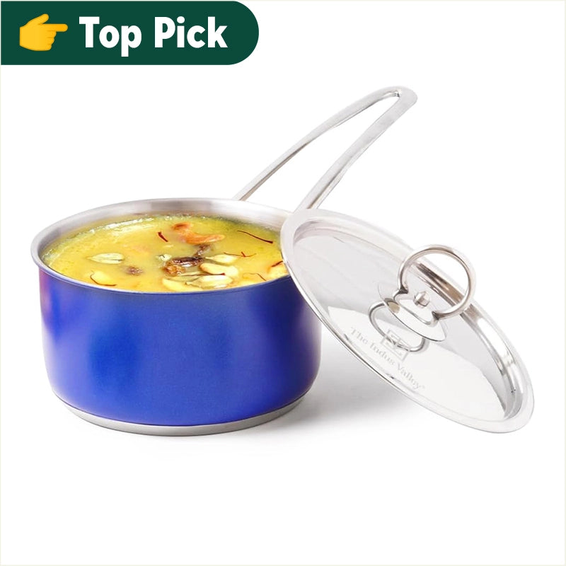 Tri-Steel Premium Stainless Steel Saucepan/ Milk/ Tea Pan, Tri-ply (3 Layer) Induction Bottom, Steel Lid, 1.4L, Blue