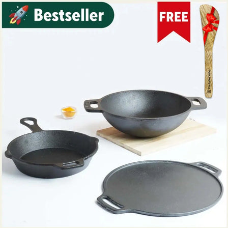 CASTrong Cast Iron Cookware Set: Free ₹110 Spatula +Tawa+Kadai+Fry Pan, Kitchen set for Home, Pre-seasoned,100% Pure,Toxin-free