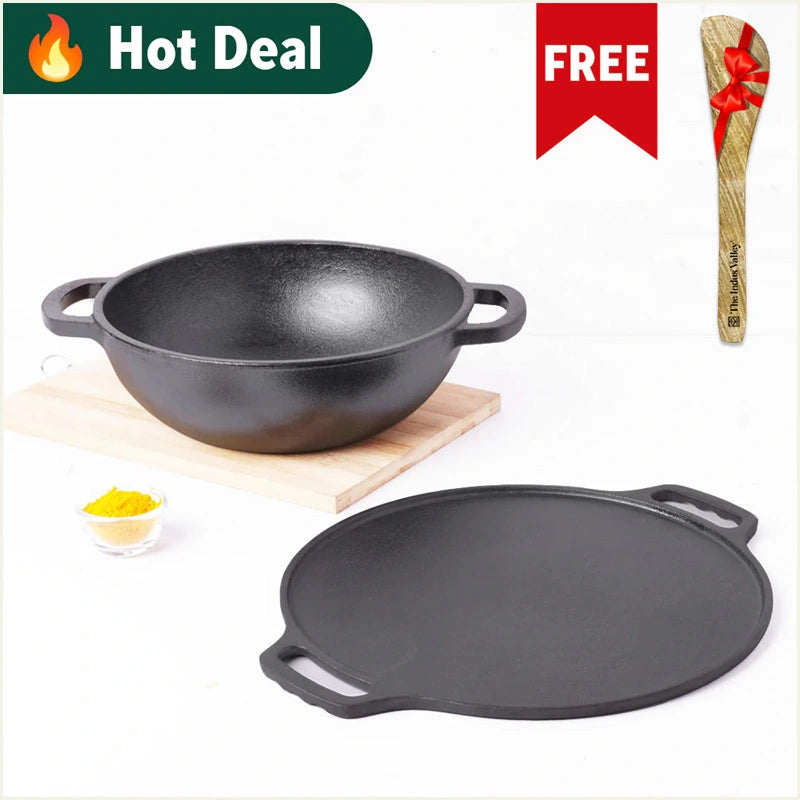 CASTrong Thick Cast Iron Kadai+Tawa+Free ₹110 Spatula,Kitchen set for Home, Pre-seasoned,100% Pure,Toxin-free