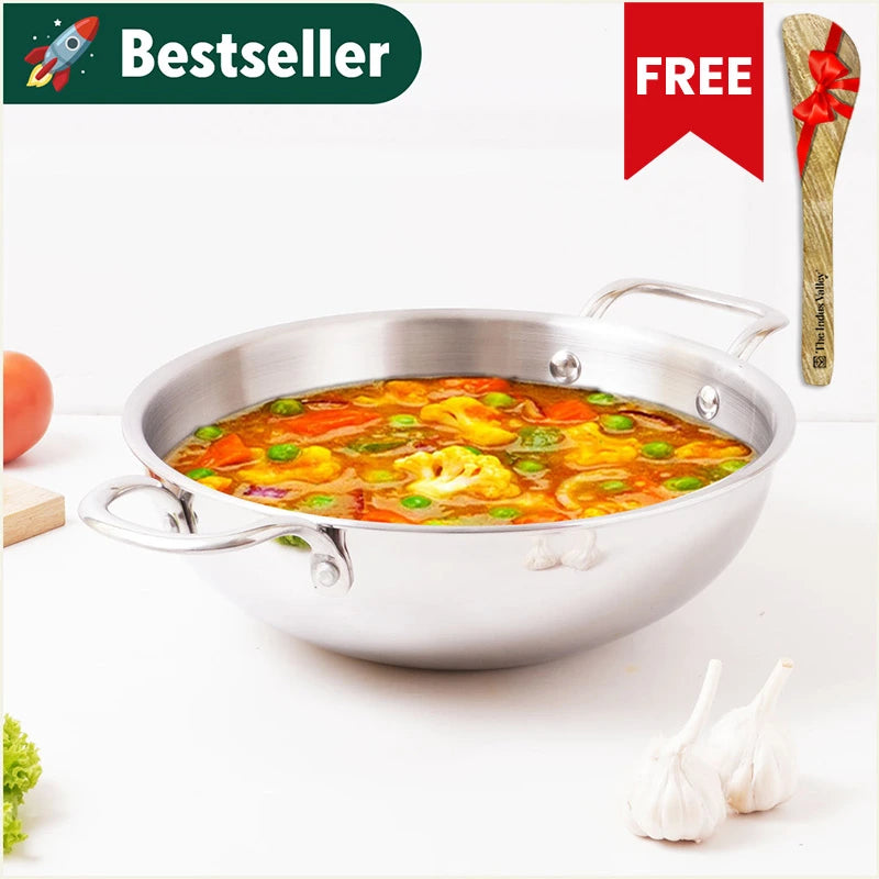 TurboCuk Tri-ply Stainless Steel Kadai+ Free ₹110 Spatula, Premium Quality, 3 Layer Thick Body, 100% Toxin-free, Non-stick, Induction & Gas, 1.7/2.7/4L