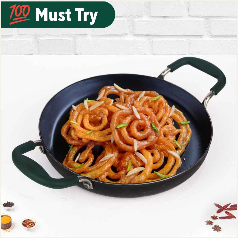 100% Pure Sheet Iron Kadai/ Jalebi/ Paella Pan, Silicone Cool Handles, Seasoned, Toxin-free, Induction, 25.4cm, 1.4L