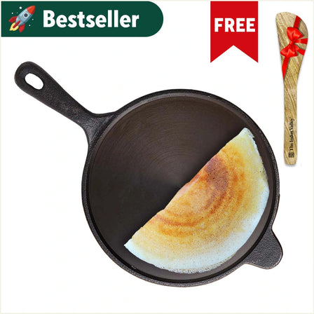 Super Smooth Cast Iron Tawa + Free ₹110 Spatula, Long Handle,Pre-seasoned, Nonstick, 100% Pure, Toxin-free, Induction, 26.3cm, 1.8kg