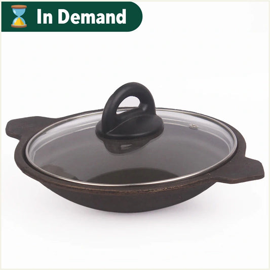 CASTrong Cast Iron Appam Pan/Appachetty, Glass Lid, Pre-seasoned, Nonstick, 100% Pure, Toxin-free, Induction, 22cm, 1.5kg