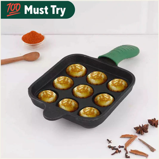 9 Pit/Cup CASTrong Cast Iron Paniyaram/Appe Pan+ Cool Silicone Grip, Pre-seasoned, Nonstick, 100% Pure, Toxin-free, 18cm, 2.4 kg