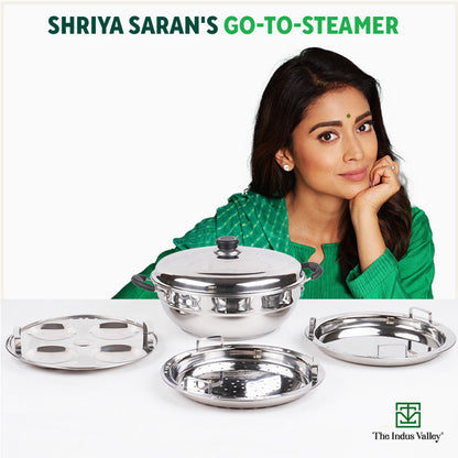 Tri-Steel Premium Stainless Steel Idli/ Dhokla/ Momo Maker/ Multi Pot/ Veg Steaming Set, Tri-ply Induction Bottom, 5 Plates, 4 pit