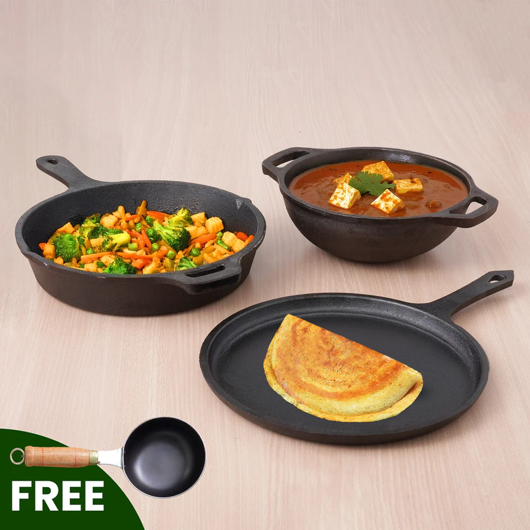 CASTrong Cast Iron Cookware Set: Free ₹400 Tadka Pan + Cast Iron Tawa With Handle (Pre Seasoned) + Cast Iron Kadai Wok Model + Cast Iron Fry Pan, Kitchen set for Home, 100% Pure, Toxin-free