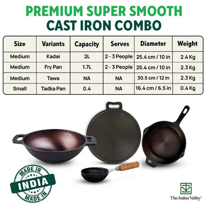 Super Smooth Cast Iron Set: Frypan+ Kadai+ Tawa, Kitchen set for Home, Nonstick, 100% Pure,Toxin-free, Free ₹400 Tadka Pan