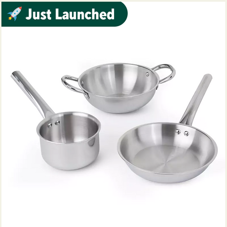 TurboCuk Tri-ply Stainless Steel Cookware Set: 2.2L Kadai+ 1.4L Frypan+  1.2L Tea/Milk pan, Premium Quality, 3 Layer Thick Body, 100% Toxin-free, Non-stick, Induction & Gas