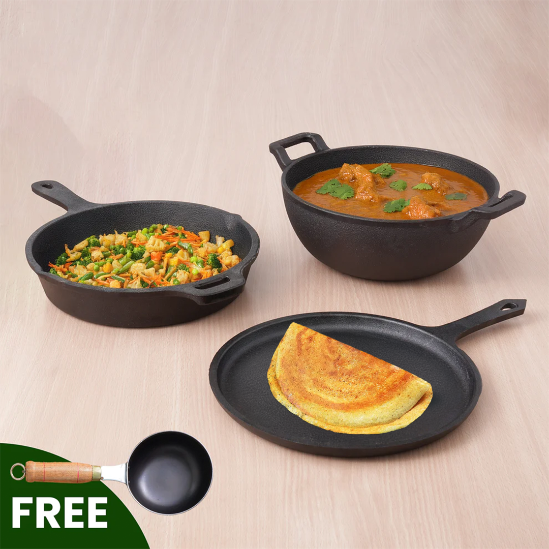 CASTrong Cast Iron Cookware Set: Tawa+ Kadai+ Frypan, Kitchen Set for Home, Pre-seasoned, 100% Pure, Induction, Free ₹400 Tadka Pan