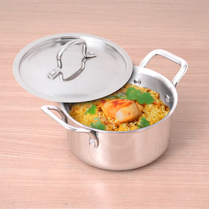 TurboCuk Tri-ply Stainless Steel Casserole/ Biryani Cooking Pot+ Steel Lid, Premium Quality, 3 Layer Thick Body, 100% Toxin-free, Non-stick, Induction & Gas, 3.1L