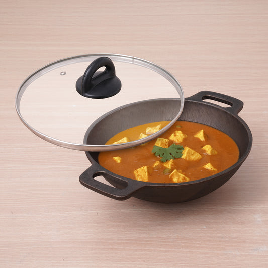 Super Smooth Cast Iron Kadai (Wok)+ Glass Lid, Pre-seasoned, Nonstick, 100% Pure,Toxin-free, 25.4cm, 2.5L, 2.4kg