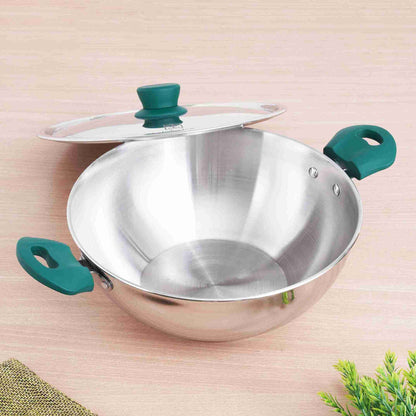 Tri-Steel Stainless Steel Kadai+ Lid, Premium Quality, Tri-ply (3 Layer) Bottom, Cool-touch Handles, 100% Toxin-free, Non-stick, Induction & Gas, 1.6/2.7/3.5/4.6 L, 20.7/22.6/26/29.3 cm