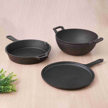 CASTrong Cast Iron Cookware Set: Tawa+Kadai+Frypan+Free Flip,Kitchen set for Home, Pre-seasoned,100% Pure,Induction