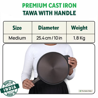 Super Smooth Cast Iron Tawa, Long Handle,Pre-seasoned, Nonstick, 100% Pure, Toxin-free, Induction, Free ₹110 Spatula, 26.3cm, 1.8kg