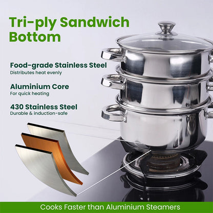 Tri-steel Multi Purpose Stainless Steel Steamer with Sandwich bottom  | Vegetable Steamer | Khandvi/Modak/Momo Maker | Steaming Pot 1.42 Kg / 1.9 Kg, 2 Tier / 3 Tier