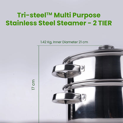 Tri-steel Multi Purpose Stainless Steel Steamer with Sandwich bottom  | Vegetable Steamer | Khandvi/Modak/Momo Maker | Steaming Pot 1.42 Kg / 1.9 Kg, 2 Tier / 3 Tier