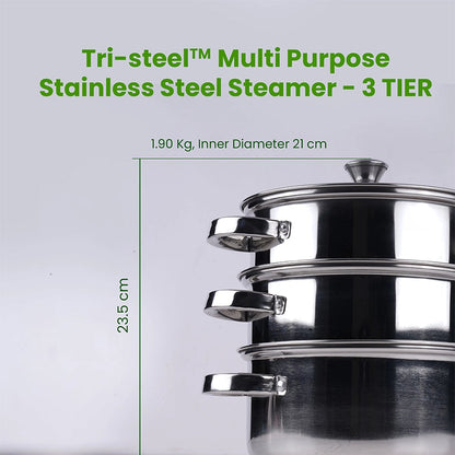 Tri-steel Multi Purpose Stainless Steel Steamer with Sandwich bottom  | Vegetable Steamer | Khandvi/Modak/Momo Maker | Steaming Pot 1.42 Kg / 1.9 Kg, 2 Tier / 3 Tier