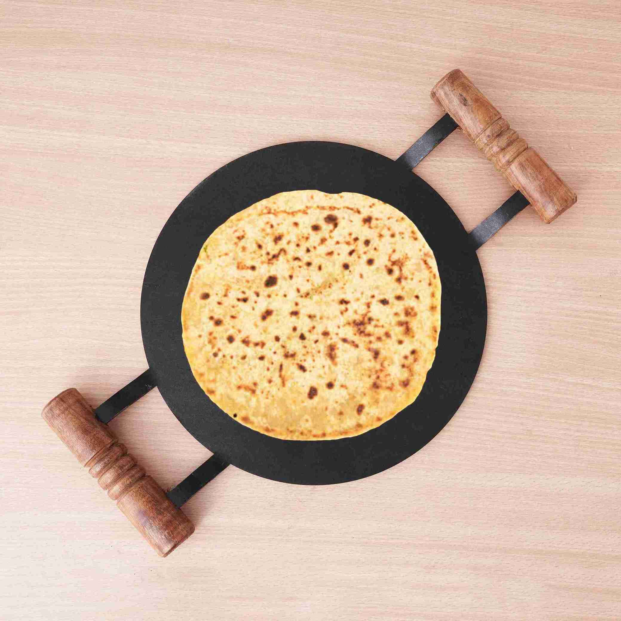 100% Pure Round Iron Tawa With Wooden Handle, Toxin-free Sheet Iron, Pre-Seasoned, Induction & Gas, 11/12 In, 2.74/3.22 Kg