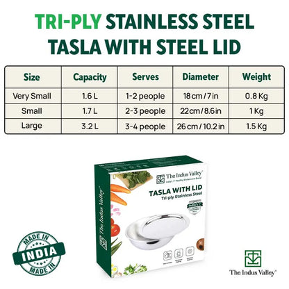 TurboCuk Tri-ply Stainless Steel Tasla/Tasra/ Patila+ Steel Lid, Cook & Serve, Premium Quality, 3 Layer Thick Body, 100% Toxin-free, Non-stick, Induction & Gas, 1.6/1.7/3.2L