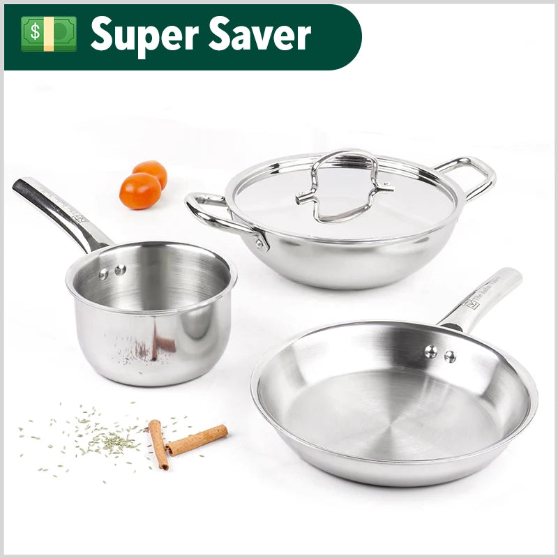 TurboCuk Tri-ply Stainless Steel Cookware Set: Kadai+ Frypan+ Tea/Milk pan, Premium Quality, 3 Layer Thick Body, 100% Toxin-free, Non-stick, Induction & Gas