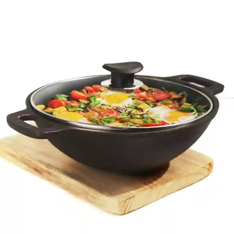 Super Smooth Cast Iron Kadai (Wok)+ Glass Lid, Pre-seasoned, Nonstick, 100% Pure,Toxin-free, 25.4cm, 2.5L, 2.4kg