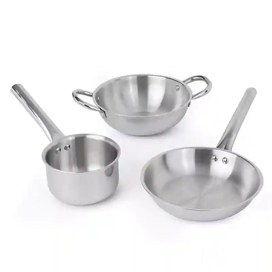 TurboCuk Tri-ply Stainless Steel Cookware Set: 2.2L Kadai+ 1.4L Frypan+  1.2L Tea/Milk pan, Premium Quality, 3 Layer Thick Body, 100% Toxin-free, Non-stick, Induction & Gas