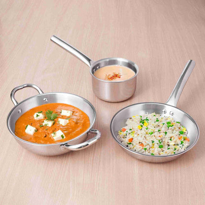 TurboCuk Tri-ply Stainless Steel Cookware Set: 2.2L Kadai+ 1.4L Frypan+  1.2L Tea/Milk pan, Premium Quality, 3 Layer Thick Body, 100% Toxin-free, Non-stick, Induction & Gas