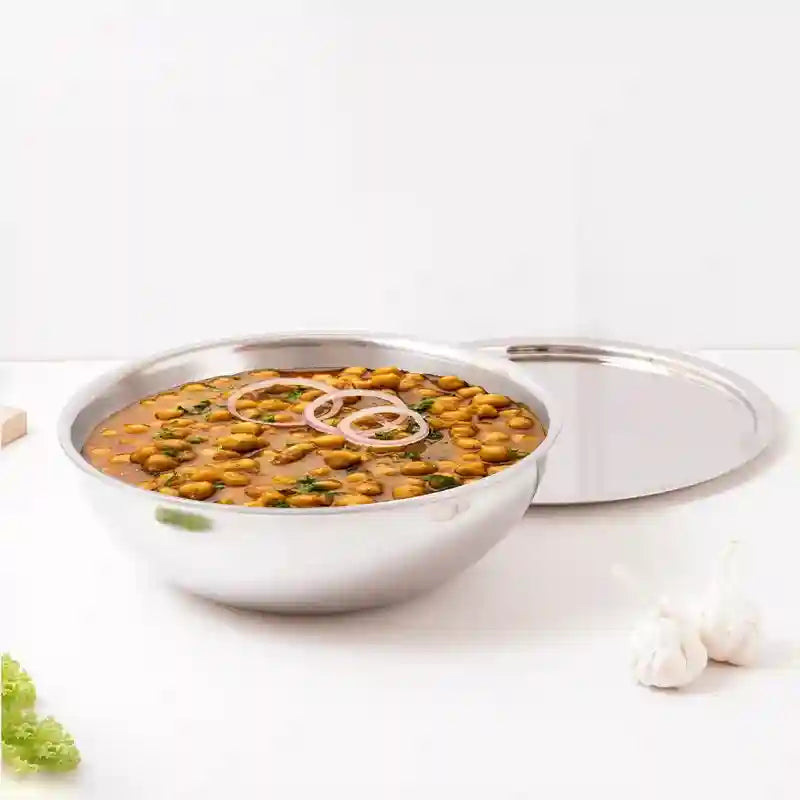 TurboCuk Tri-ply Stainless Steel Tasla/Tasra/ Patila+ Steel Lid, Cook & Serve, Premium Quality, 3 Layer Thick Body, 100% Toxin-free, Non-stick, Induction & Gas, 1.6/1.7/3.2L