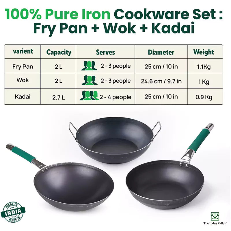 100% Pure Iron Cookware Set: Wok 10 inch + Fry Pan 10 inch + Kadai 10 inch , Kitchen set for Home, Non-Toxic, Pre-seasoned