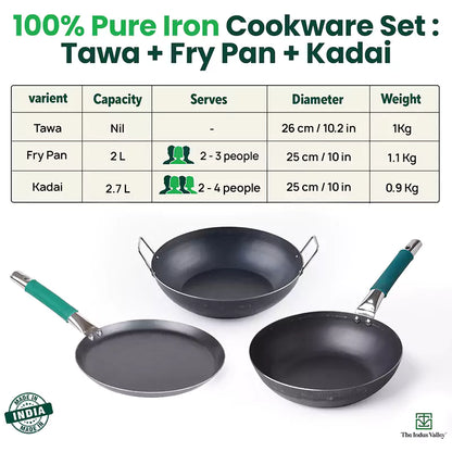 100% Pure Iron Cookware Set: Tawa 26 cm + Fry Pan 25 cm + Kadai 25 cm, Toxin-free Sheet Iron, Pre-seasoned, Kitchen Set for Home