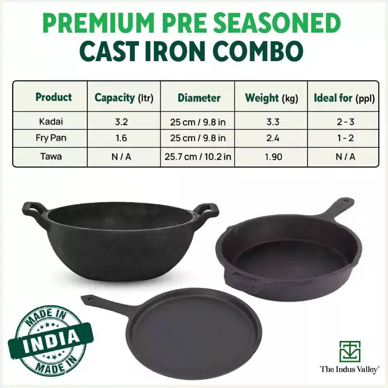 CASTrong Cast Iron Cookware Set: Tawa+ Kadai+ Frypan, Kitchen Set for Home, Pre-seasoned, 100% Pure, Induction, Free ₹400 Tadka Pan