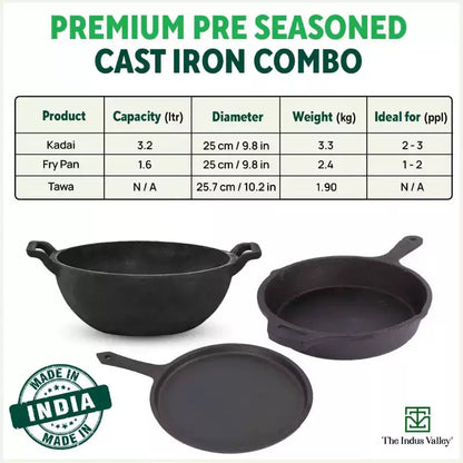 CASTrong Cast Iron Cookware Set: Tawa+ Kadai+ Frypan, Kitchen Set for Home, Pre-seasoned, 100% Pure, Induction, Free ₹400 Tadka Pan